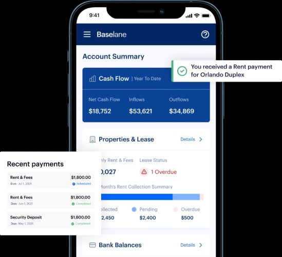 Screenshot of Baselane tracking rent payments on mobile app