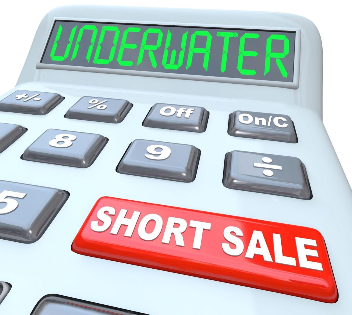 A calculator graphic with a "short sale" button and "underwater" on its display panel