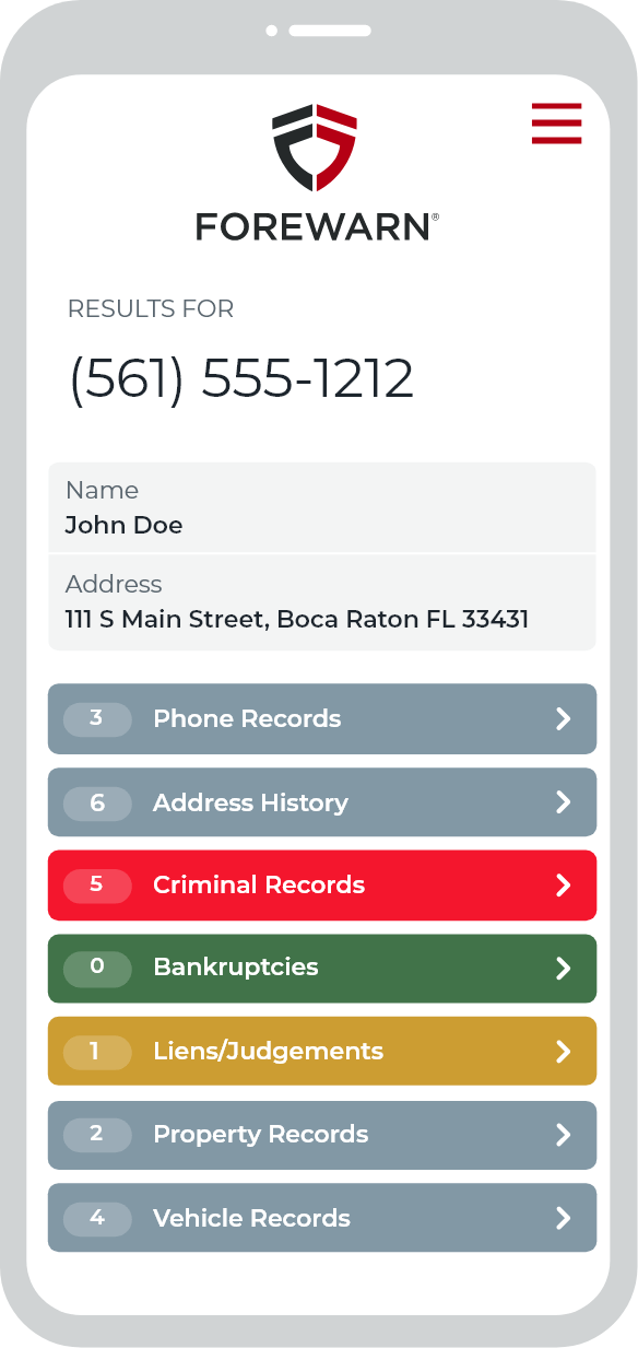 Forewarn's mobile app interface