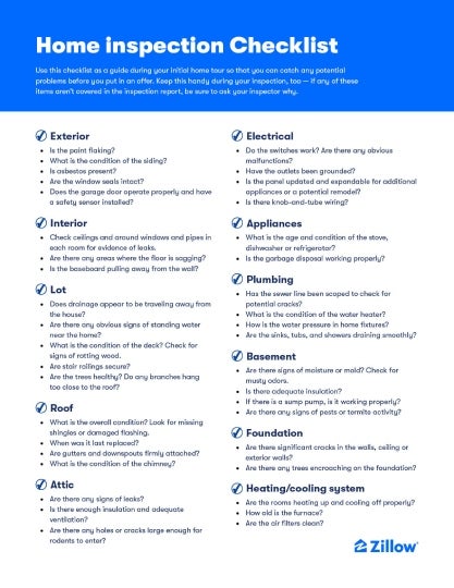 Document with checklist items for home inspections.