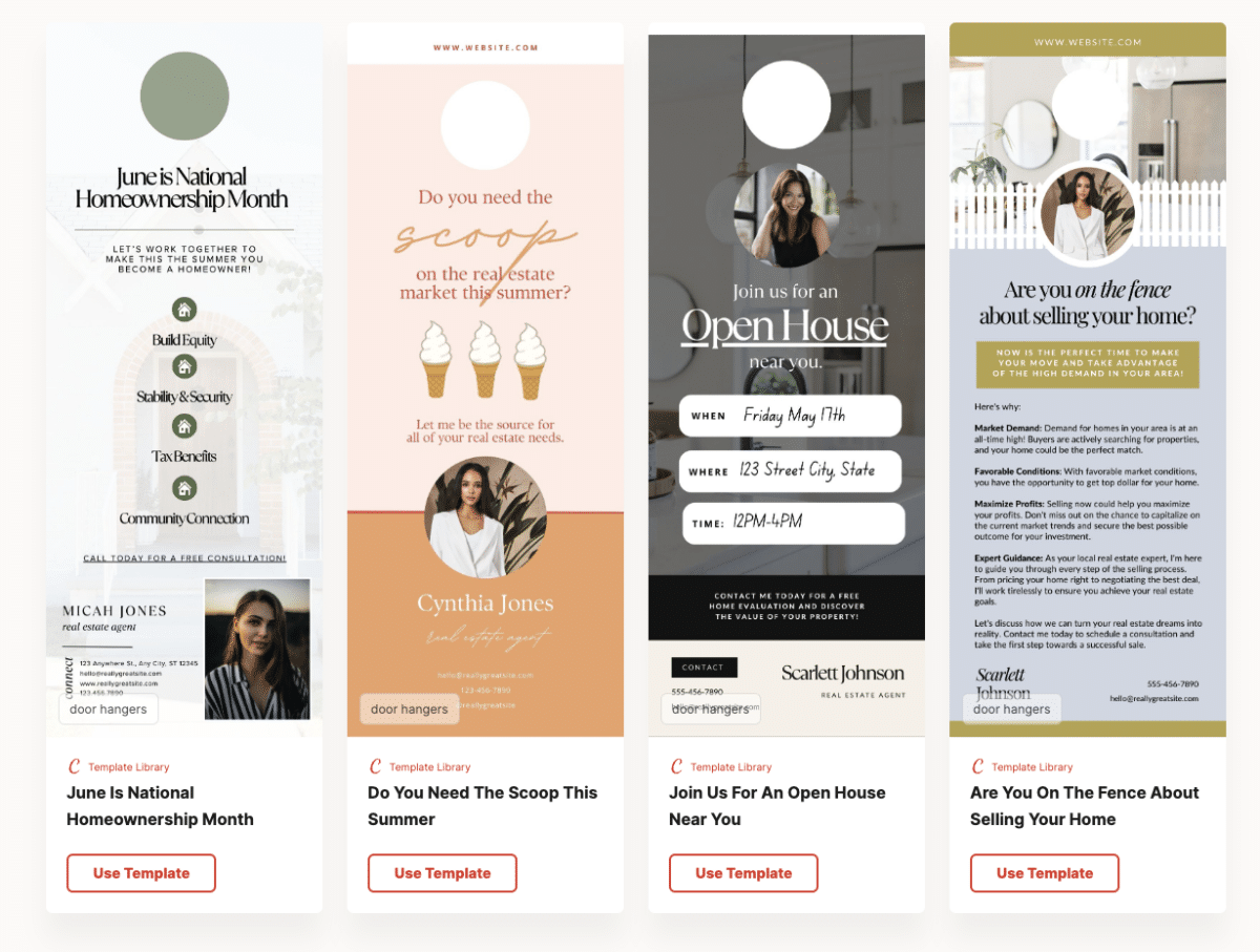 Screenshot of four door hanger templates inside Agent Crate's dashboard.