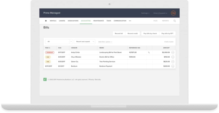 Accounts payable interface of Buildium on computer screen.