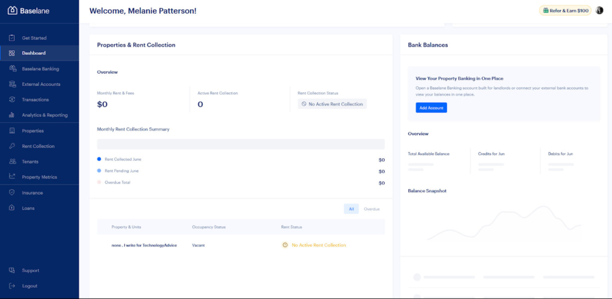 The Baselane dashboard with bookkeeping overview.