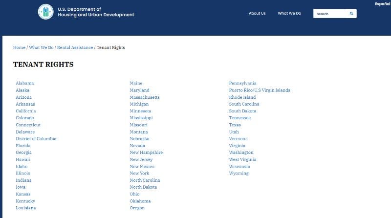 links to state specific tenant rights from the US department of housing and urban development (HUD).